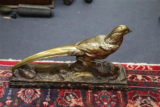R. Pollin. A French Art Deco patinated bronze model of a pheasant, width 26in.